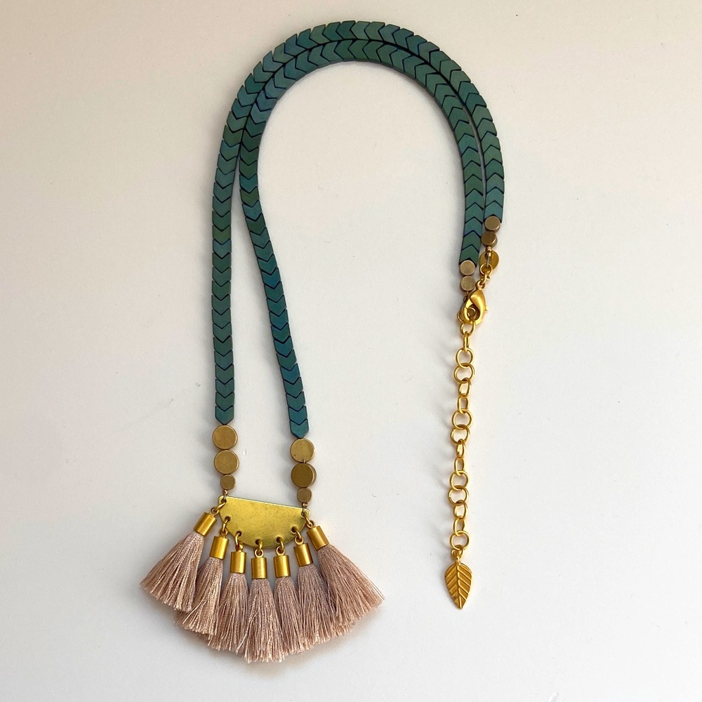 David Aubrey Gold and Green Tassel Necklace